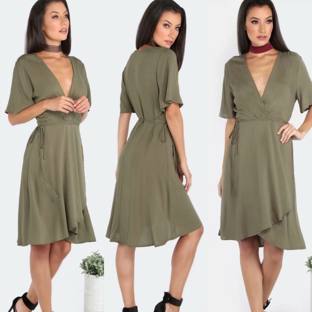 Lush Olive Green Wrap Dress - Large